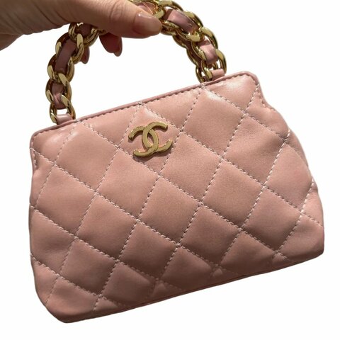 Chanel香奈兒菱格紋雙Clogo 蛇骨手柄凱莉晚宴包