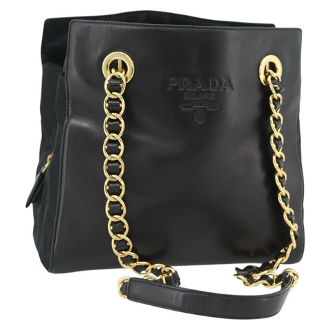 PRADA 鏈條單肩包 皮革 黑色 金色 正品 191084A