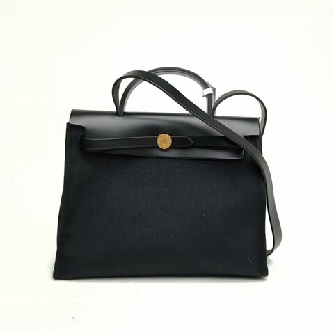 HERMES Herbag31黑色帆布/牛皮U刻金扣肩背包