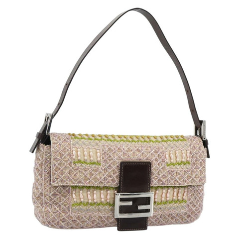 FENDI Mamma Baguette 肩背包 帆布串珠 米色 銀色 正品 189253SM