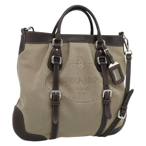 PRADA 手袋 帆布皮革 兩用 米色 銀色 正品 193073V