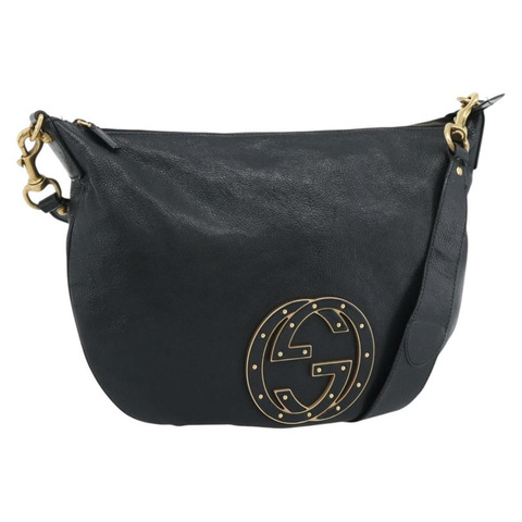 GUCCI 雙G互扣肩背包，黑色金色皮革，貨號121546，正品編號193135V