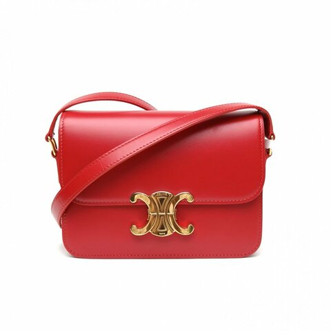 CELINE Triomphe凱旋門金屬鎖扣Teen紅色金扣肩背包