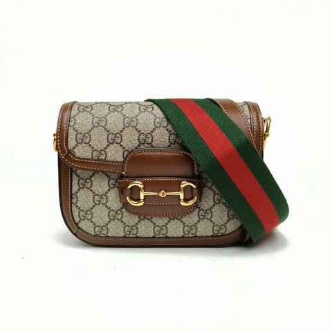 GUCCI Horsebit馬銜扣1955馬鞍包烏木色帆布金扣肩背包