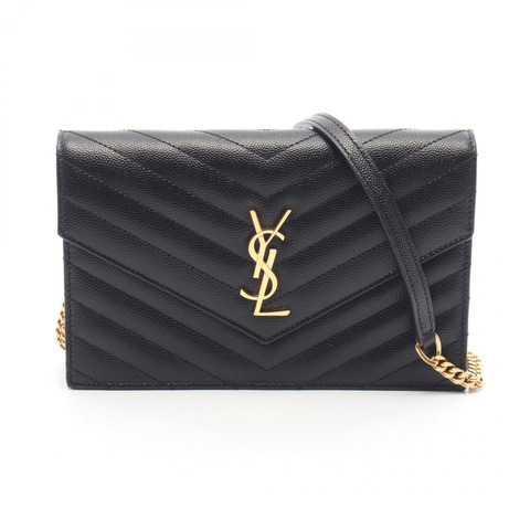 YVES SAINT LAURENT Cassandra信封式單肩包，黑色真皮，二手，女士款，金色五金