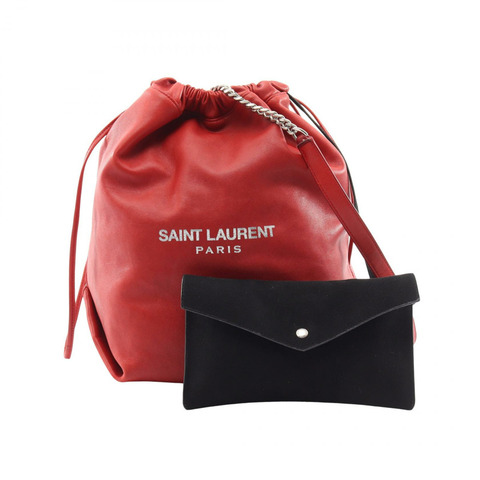 SAINT LAURENT PARIS TEDDY 抽繩單肩包 皮革 紅色 二手 女士