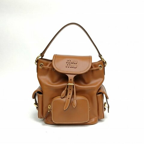 MIU MIU MIUMIU雙肩包皮革徽標小牛皮棕色肩背包