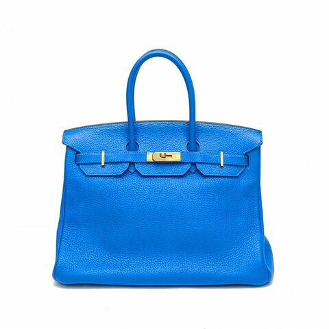 HERMES Birkin35坦桑尼亞藍Togo皮框P金扣肩背包