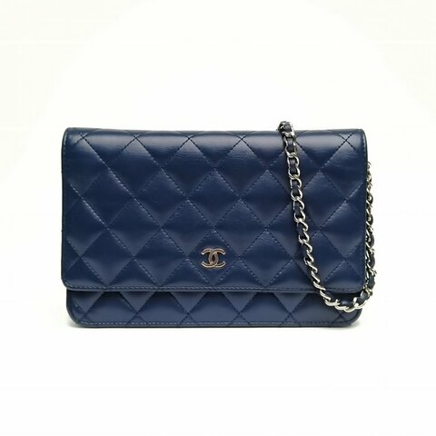 CHANEL CFWOC深藍色羊皮革18開銀扣肩背包