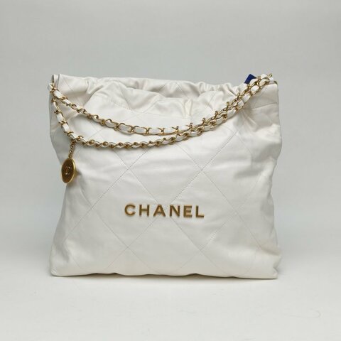 CHANEL 22BagTote托特包中號白色牛皮革晶片金扣肩背包