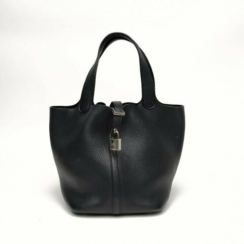 HERMES Picotin22菜籃子黑色TC皮X刻銀扣肩背包