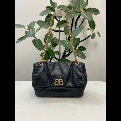 99新 Balenciaga巴黎世家 monaco BB 黑金油蠟皮 小號鏈條包