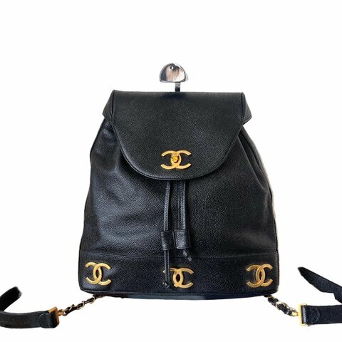 Chanel香奈兒黑金魚子醬6個雙C logo 鏈條雙肩包