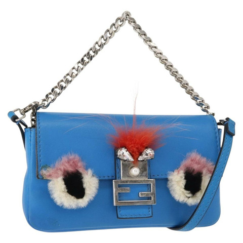 FENDI Micro Bucket Monster 單肩包 皮革 2way 藍色 銀色 Auth bs30913