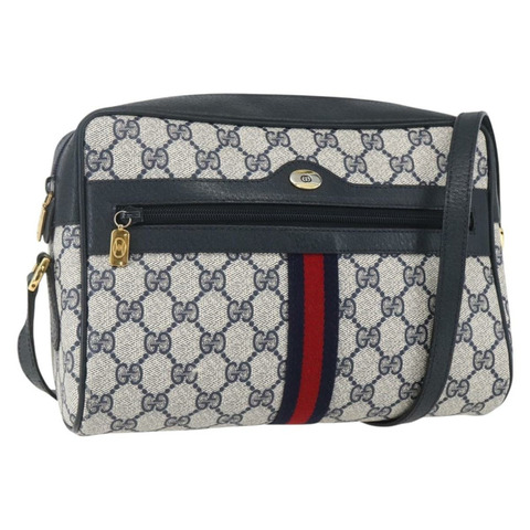 GUCCI GG Supreme Sherry Line 單肩包 PVC 海軍藍 金色 正品 ka697