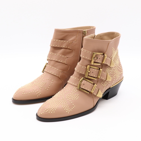 Chloé 蔻依 經典 Susanna 三皮帶金釦金色鉚釘 小牛皮  棕色粗跟短靴