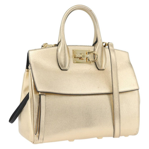 Salvatore Ferragamo Gancini 手提包 皮革 2way 金色 正品 gh1909A
