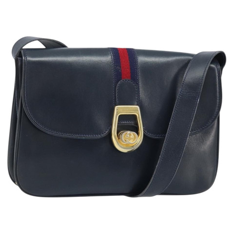 GUCCI Sherry Line 肩背包 皮革 海軍藍 金色 正品 BAZ198A