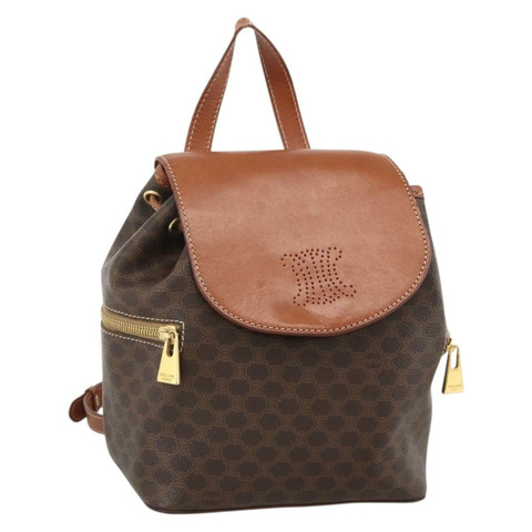 CELINE Macadam帆布雙肩包 PVC皮革 棕色 金色 正品 BAZ067A