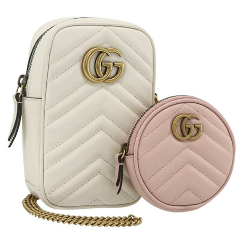 GUCCI Marmont 鏈條單肩包 皮革 粉紅色 金 白色 699759 正品 ka4341SM