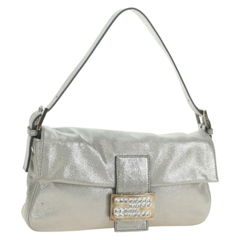 FENDI 鑲鑽 Mamma Baguette 單肩包 皮革 銀色 正品 yk20386SM