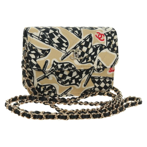 香奈兒 (CHANEL) 絎縫鏈條肩包 尼龍 米色 金色 CC 標誌 Auth bs35360SAM