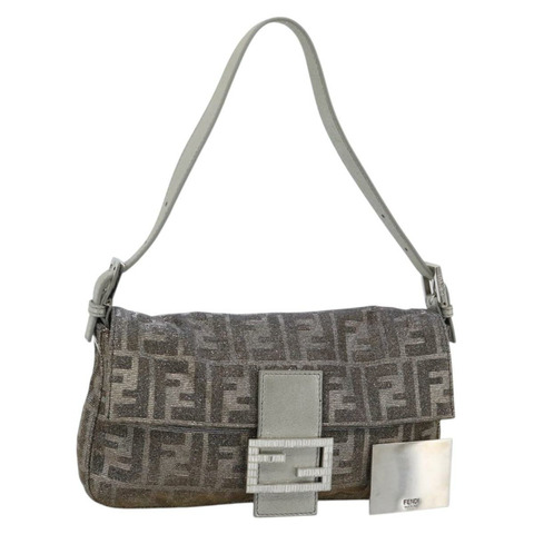 FENDI Zucca 帆布鑲鑽 Mamma Baguette 單肩包 銀色 正品 yk20474SM