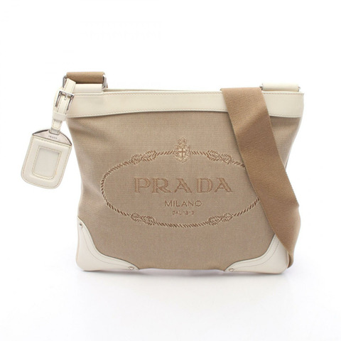 PRADA Logo提花肩包帆布皮革米色二手女款