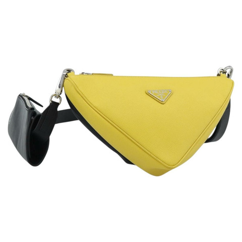 PRADA 三角形肩背包 皮革 黑色 黃色 正品 ka4743SM
