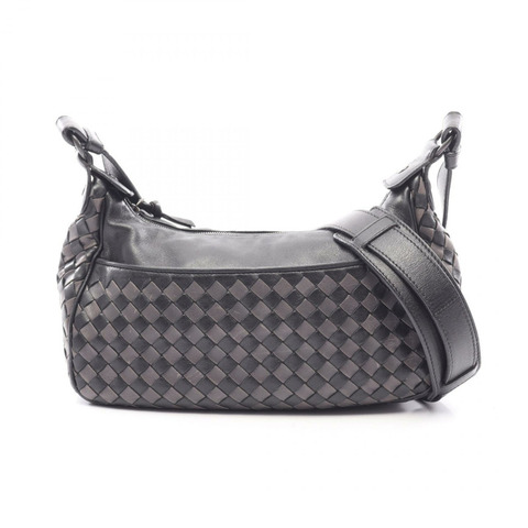 BOTTEGA VENETA Intrecciato 編織肩挎包，黑色/灰色皮革，二手女款