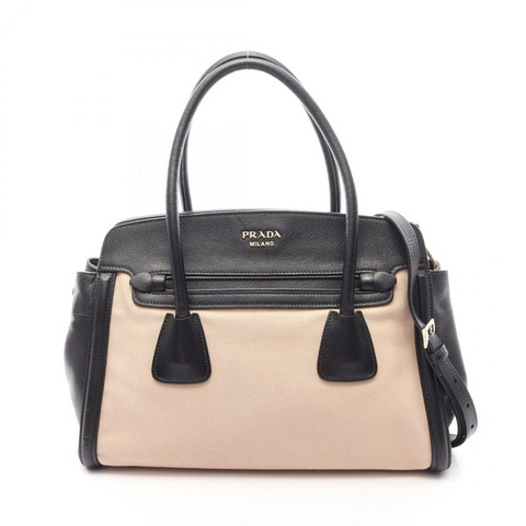 PRADA Logo 2WAY 手提包，帆布 Saffiano 皮革 米色 黑色 二手 女士