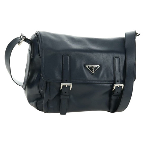 PRADA 皮革肩背包 海軍藍 銀色 正品 ki6667SAM