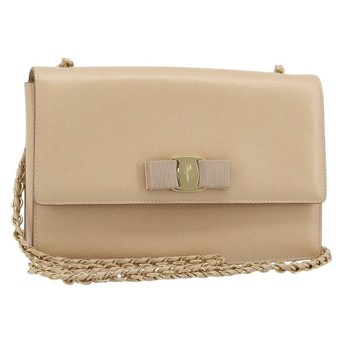 Salvatore Ferragamo 鏈條單肩包 皮革 米色 金色 正品 ki6669V