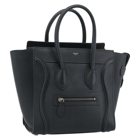 CELINE Luggage Micro Shopper 手提包，黑色/銀色皮革，正品 ka4855SAM