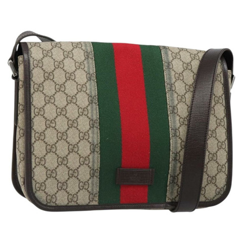 GUCCI GG Supreme Web Sherry Line 單肩包 PVC 米色 紅色 180692 正品 ka4786A