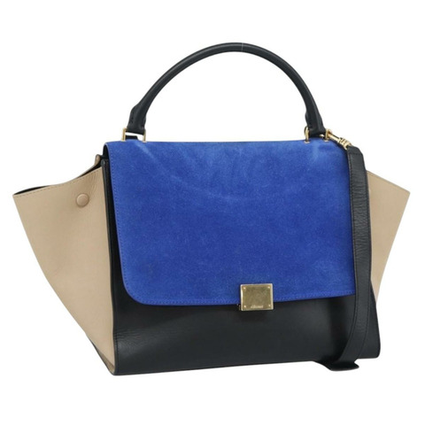 CELINE Trapeze 手提包 皮革 2way 藍色金色 Auth ka4960V