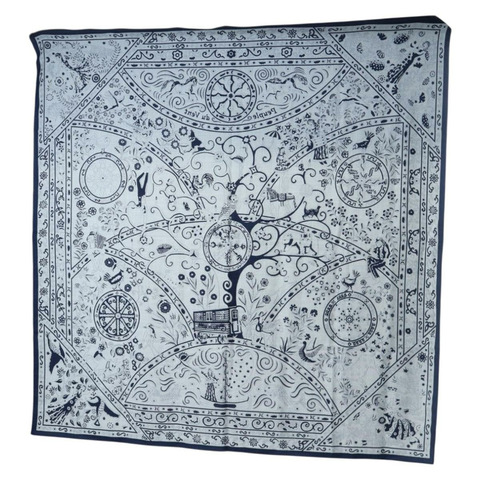 HERMES Carre 140 圍巾「Peuple Du Vent」羊絨海軍藍正品 hk3921M