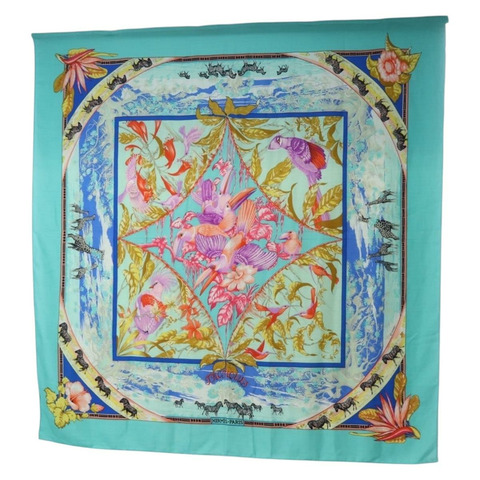 HERMES Carre 140 圍巾「TROPIQUES」羊絨藍色正品 hk3926M