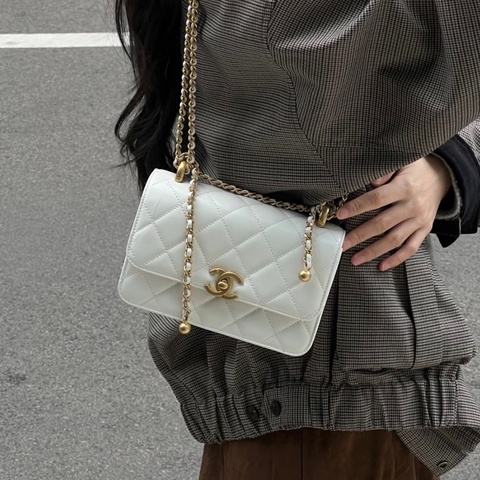 Chanel 香奈兒白金雙金珠cf鏈條包，19cm芯片款
