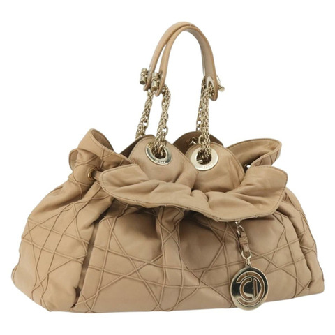 Christian Dior 鏈條抽繩包 皮革 米色 金色 正品 BA13968A