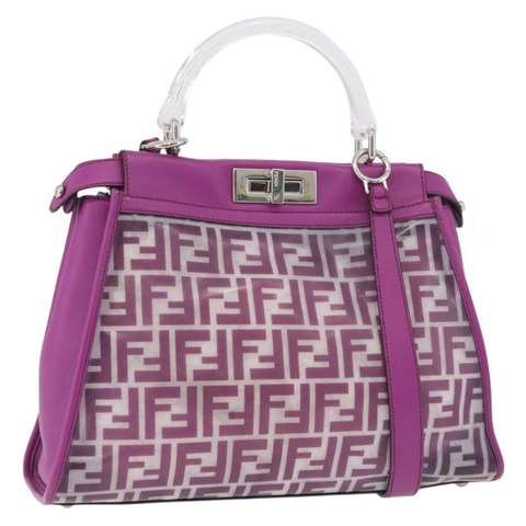 FENDI Zucca 帆布手提包，乙烯基皮革，紫色/銀色，兩用，正品 mr2679A