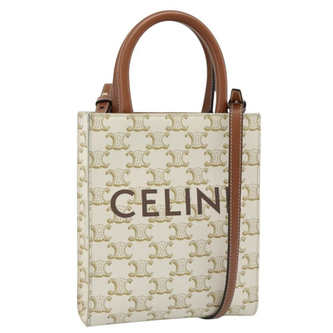 CELINE Triomphe Vertical Cabas Mini Bag 皮革 2way Beige Gold Auth mr2709V
