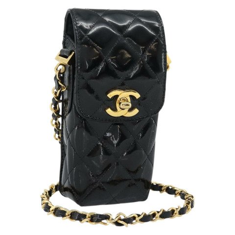 香奈兒 (CHANEL) Matelasse Chain 手機殼，漆皮材質，黑色金色雙C標誌，型號 mr2771V