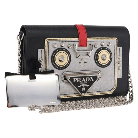 PRADA Robot 鏈條單肩包 Saffiano 黑色銀色 正品 SW2638SM