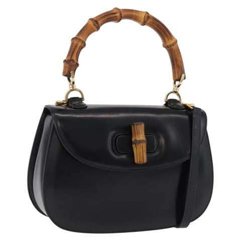 GUCCI 竹節手提包 皮革 兩用 黑色 金色 000 1364 0633 Auth bs36097V