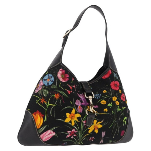 GUCCI Jackie Flora 單肩包 帆布 黑色 金色 153029 正品 yk20625SAV