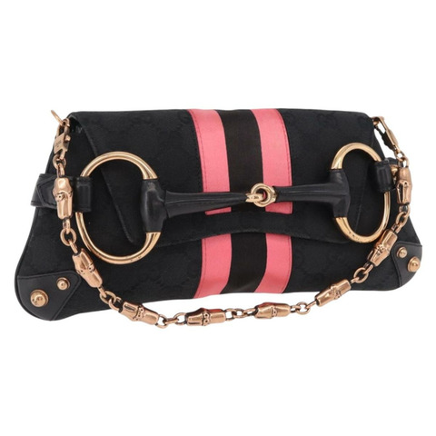 GUCCI GG帆布竹節鏈條馬銜扣手提包 黑色金色 129497 正品 yk20630SAM