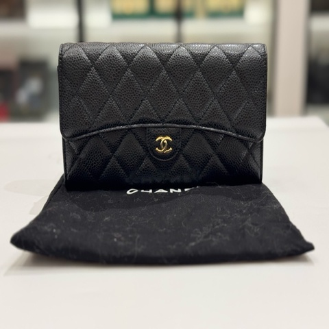 Chanel 香奈兒CF錢包長款黑金魚子醬牛皮黑金魚子醬牛皮