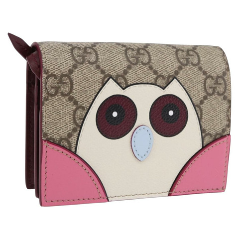 GUCCI GG Supreme 雙折錢包 PVC 米色 金色 818767 正品 BA14457M