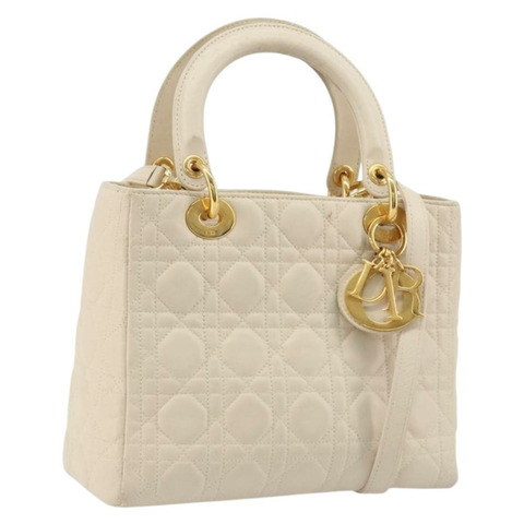 Christian Dior Lady Dior Canage 手袋，羊皮材質，兩用，白色金色，正品 ep15557A